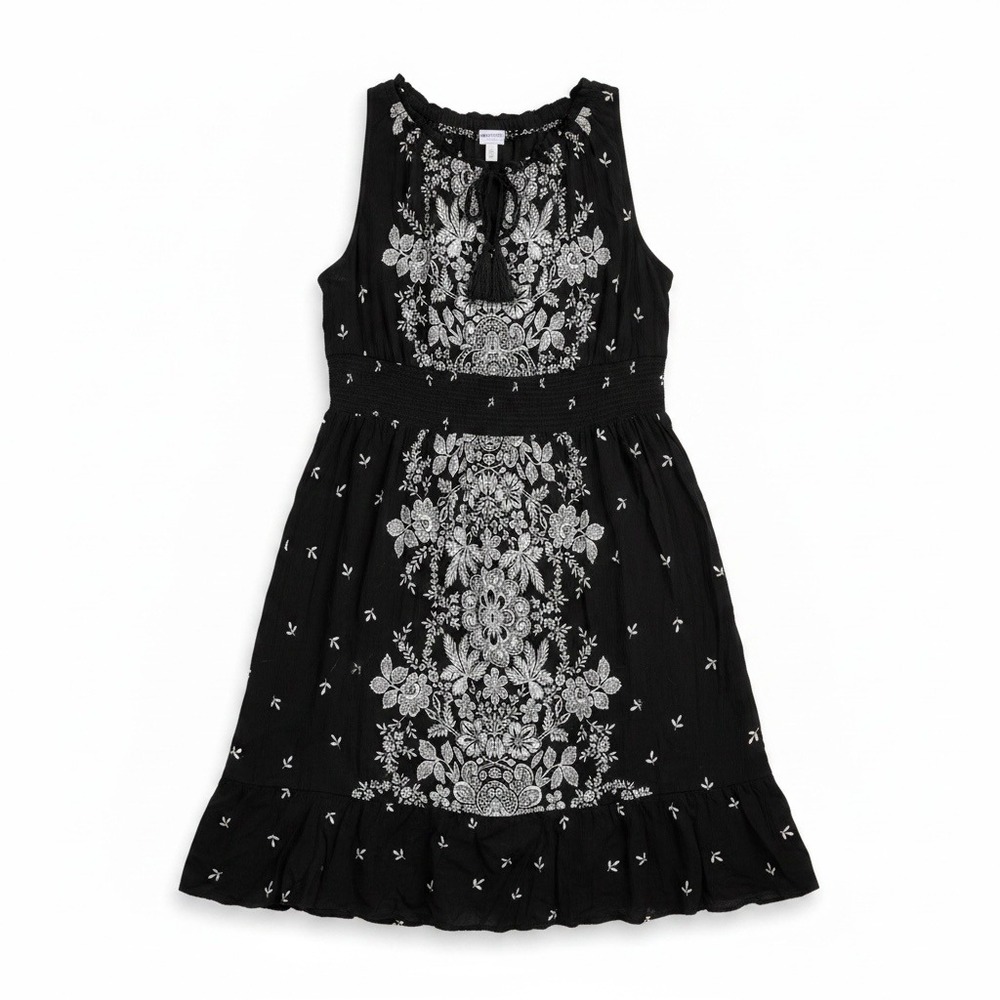 Womens L Black White Embroidered Boho Rayon Sleeveless Dress